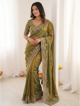 Kalista Fashion - Green Satin Embroidered Saree with Unstitched Blouse