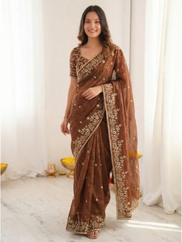 Kalista Fashion - Brown Satin Embroidered Saree with Unstitched Blouse