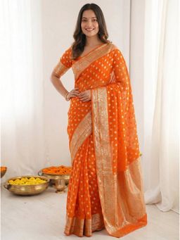 Kalista Fashion - Orange Georgette Woven Saree with Unstitched Blouse