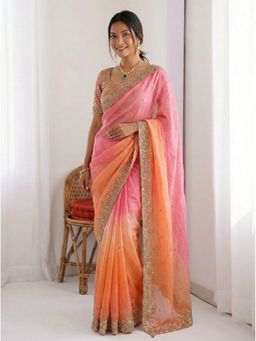 Kalista Fashion - Pink Satin Embroidered Saree with Stitched Blouse