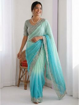 Kalista Fashion - Blue Satin Embroidered Saree with Stitched Blouse