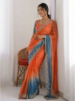Kalista Fashion - Orange Satin Embroidered Saree with Stitched Blouse