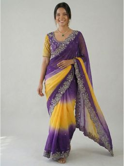 Kalista Fashion - Purple Satin Embroidered Saree with Stitched Blouse