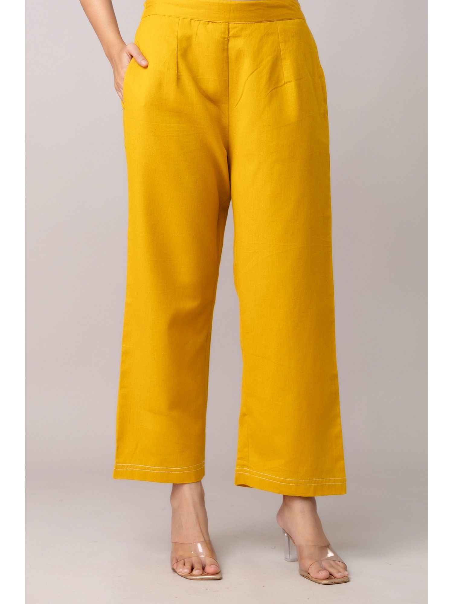 kohsh Yellow Cotton Solid Wide Leg Pant-picture-36
