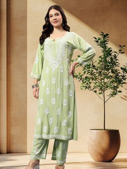 Seva Chikan - Green Rayon Embroidered Kurta with Palazzo