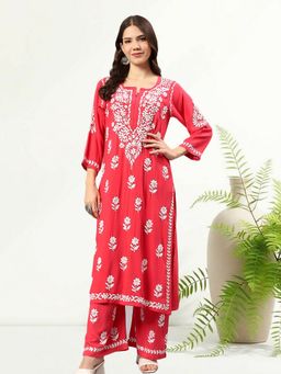 Seva Chikan - Pink Rayon Embroidered Kurta with Palazzo