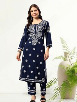 Seva Chikan - Navy Blue Rayon Embroidered Kurta with Pant