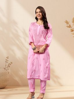 Seva Chikan - Pink Rayon Embroidered Kurta with Pant