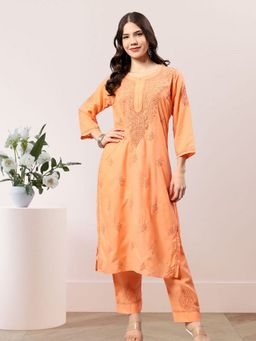 Seva Chikan - Peach Rayon Embroidered Kurta with Pant