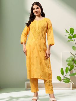 Seva Chikan - Yellow Rayon Embroidered Kurta with Pant