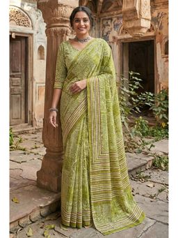 Kalista Fashion - Green Cotton Linen Geometric Saree with Unstitched Blouse