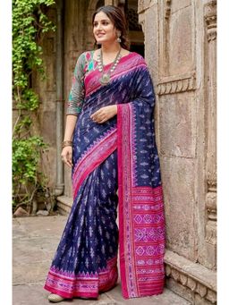 Kalista Fashion - Navy Blue Cotton Linen Geometric Saree with Unstitched Blouse