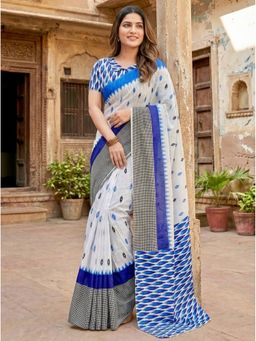 Kalista Fashion - White Cotton Linen Geometric Saree with Unstitched Blouse