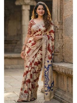 Kalista Fashion - Beige Cotton Linen Animal Print Saree with Unstitched Blouse
