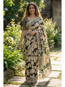Kalista Fashion - Beige Cotton Linen Animal Print Saree with Unstitched Blouse
