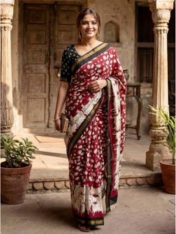 Kalista Fashion - Maroon Cotton Linen Floral Saree with Unstitched Blouse