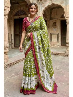 Kalista Fashion - Green Cotton Linen Floral Saree with Unstitched Blouse