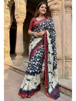 Kalista Fashion - Navy Blue Cotton Linen Floral Saree with Unstitched Blouse