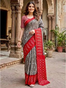 Kalista Fashion - Grey Cotton Linen Floral Saree with Unstitched Blouse