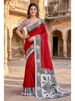 Kalista Fashion - Multi-Colour Cotton Linen Geometric Saree with Unstitched Blouse