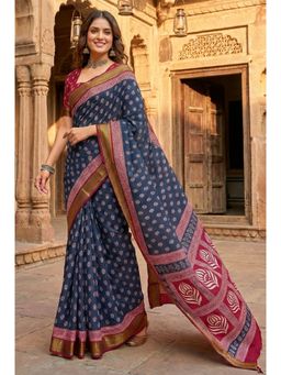 Kalista Fashion - Navy Blue Cotton Linen Geometric Saree with Unstitched Blouse
