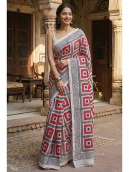 Kalista Fashion - White Cotton Linen Floral Saree with Unstitched Blouse