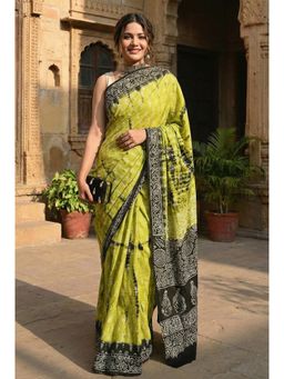 Kalista Fashion - Green Cotton Linen Floral Saree with Unstitched Blouse