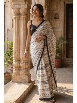 Kalista Fashion - White Cotton Linen Abstract Saree with Unstitched Blouse