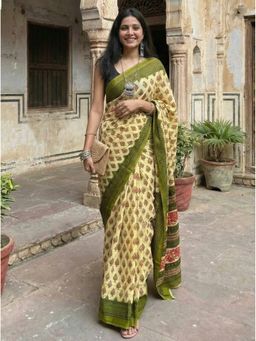 Kalista Fashion - Multi-Colour Cotton Linen Abstract Saree with Unstitched Blouse