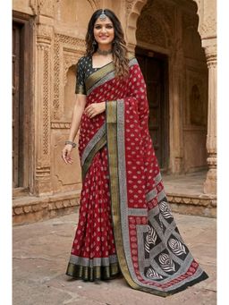 Kalista Fashion - Maroon Cotton Linen Abstract Saree with Unstitched Blouse