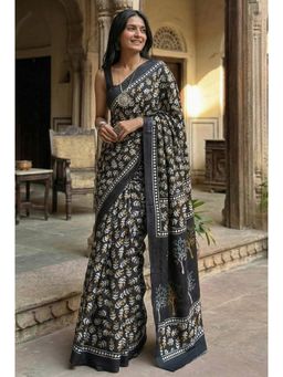 Kalista Fashion - Black Cotton Linen Floral Saree with Unstitched Blouse
