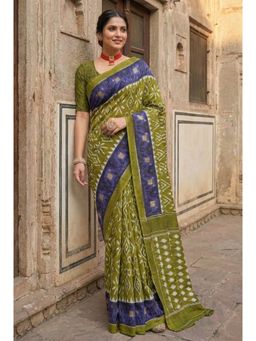 Kalista Fashion - Green Cotton Linen Geometric Saree with Unstitched Blouse