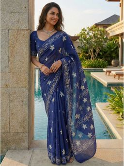 Kalista Fashion - Navy Blue Cotton Linen Floral Saree with Unstitched Blouse
