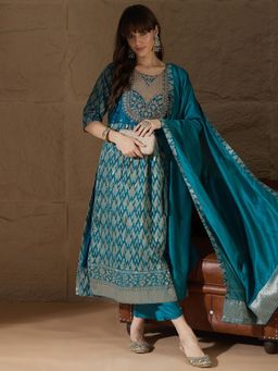 VredeVogel - Teal Cotton Silk Kurta with Pant and Dupatta