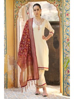 VredeVogel - Cream Viscose Rayon Kurta with Pant and Dupatta