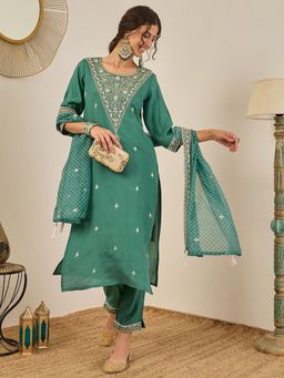 VredeVogel - Teal Silk Blend Kurta with Pant and Dupatta