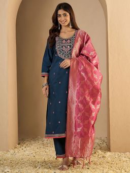 VredeVogel - Navy Blue Viscose Rayon Kurta with Pant and Dupatta