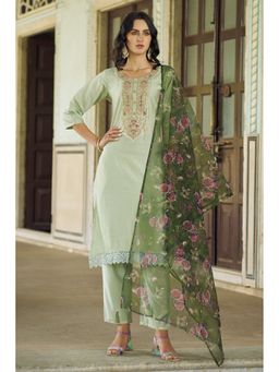VredeVogel - Light Green's Cotton Silk Kurta with Pant and Dupatta