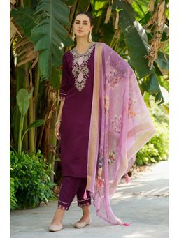 VredeVogel - Purple Viscose Rayon Kurta with Pant and Dupatta