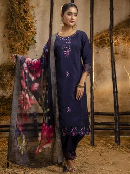 VredeVogel - Navy Blue Silk Blend Kurta with Pant and Dupatta