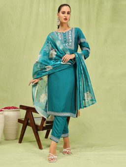 VredeVogel - Teal Silk Blend Kurta with Pant and Dupatta