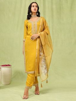 VredeVogel - Yellow Silk Blend Kurta with Pant and Dupatta