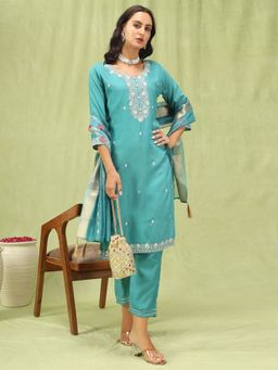 VredeVogel - Teal Silk Blend Kurta with Pant and Dupatta