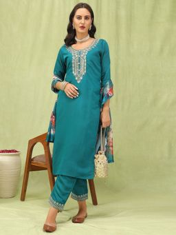 VredeVogel - Teal Silk Blend Kurta with Pant and Dupatta