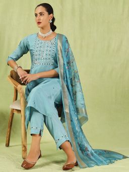 VredeVogel - Light Blue Silk Blend Kurta with Pant and Dupatta