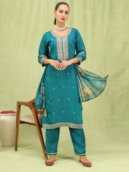 VredeVogel - Teal Silk Blend Kurta with Pant and Dupatta