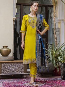 VredeVogel - Yellow Viscose Rayon Kurta with Pant and Dupatta