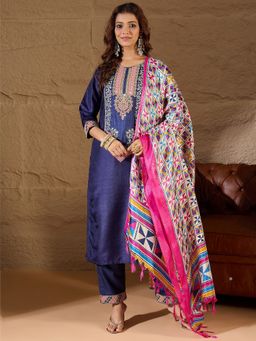 VredeVogel - Navy Blue Silk Blend Kurta with Pant and Dupatta