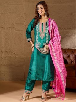 VredeVogel - Teal Silk Blend Kurta with Pant and Dupatta