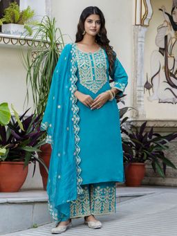 VredeVogel - Blue Embroidered Kurta with Palazzo and Dupatta
